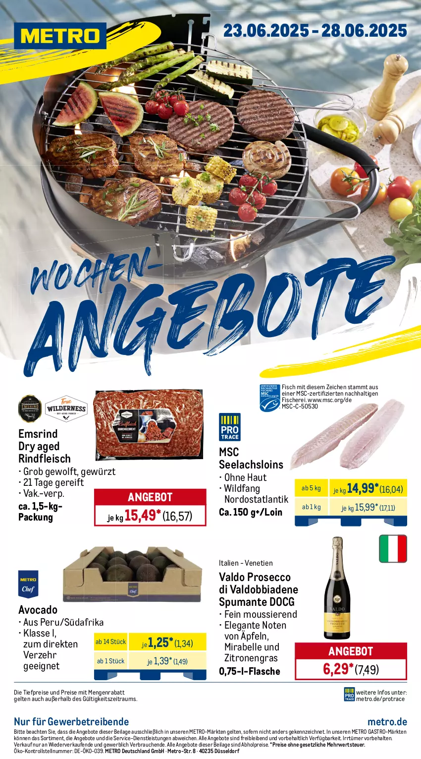 Aktueller Prospekt Metro - Wochen-Angebote - von 23.06 bis 28.06.2025 - strona 1 - produkty: abholpreise, angebot, angebote, avocado, ecco, eis, elle, fisch, fische, Fischer, flasche, fleisch, gewürz, ilag, lachs, Metro, metro gastro, prosecco, puma, Rauch, reis, rind, rindfleisch, rwe, Schere, spumante, Ti, tiefpreis, valdo, Wild, zitrone, zitronen