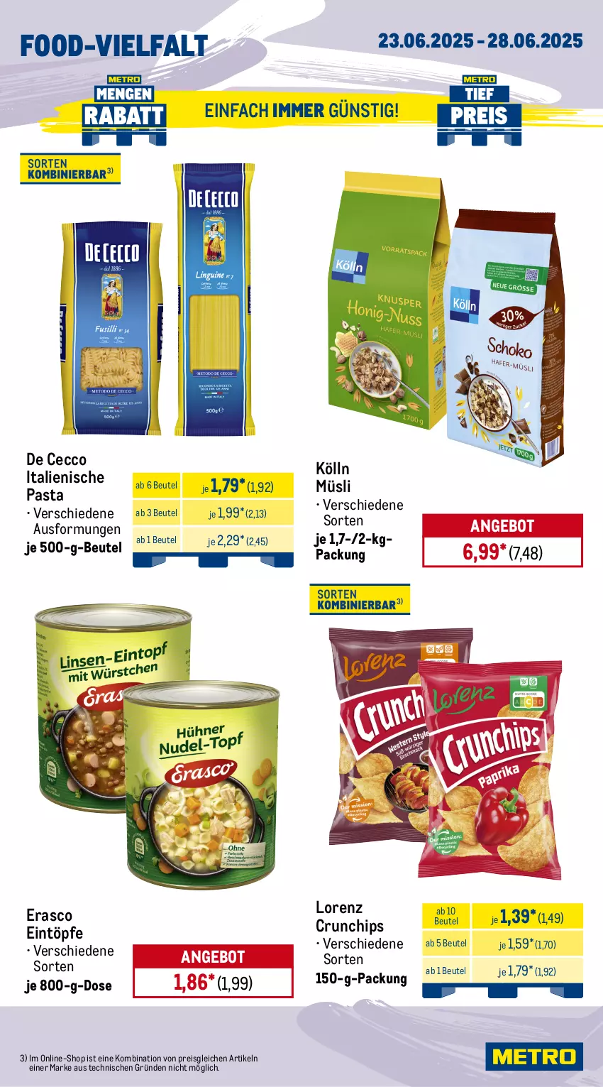 Aktueller Prospekt Metro - Wochen-Angebote - von 23.06 bis 28.06.2025 - strona 11 - produkty: angebot, beutel, bratwurst, butter, chips, crunchips, De Cecco, ecco, eintöpfe, eis, erasco, Geflügel, italienische pasta, kölln, kuchen, lorenz, lorenz crunchips, magnum, müsli, pasta, prosciutto, prosciutto cotto, reis, schnitten, Ti, tiefpreis, wurst