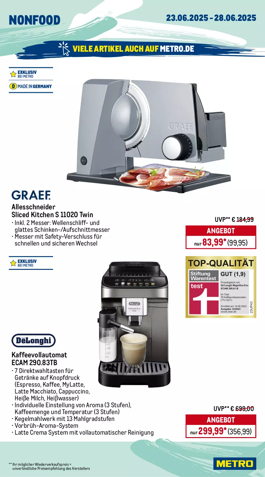 Aktueller Prospekt Metro - Wochen-Angebote - von 23.06 bis 28.06.2025 - strona 19 - produkty: ACC, angebot, aufschnitt, auto, Becher, Cap, cappuccino, chia, cin, decke, Deckel, drink, edelstahl, eis, elle, espresso, getränk, getränke, Gläser, kaffee, kaffeevollautomat, KitchenAid, küche, Küchen, küchenmaschine, latte, latte macchiato, LG, mac, macchiato, messer, Metro, milch, reifen, Reinigung, reis, ring, schinken, schüssel, spülmaschinen, teller, Ti, tisch, wasser, whisky, würfel