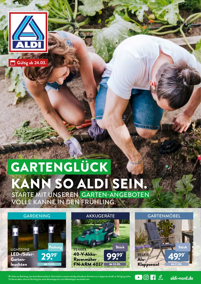 Aktueller Prospekt Aldi Nord - Aldi-Garten - von 24.03 bis 30.06.2022 - strona 1 - produkty: akku, aldi, angebot, angebote, ferrex, Garten, gartenmöbel, gin, klappsessel, Leuchte, leuchten, lightzone, möbel, rasen, rasenmäher, sessel, Ti, ZTE