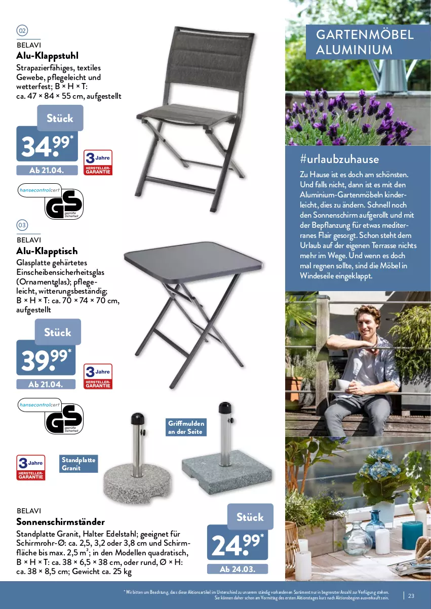 Aktueller Prospekt Aldi Nord - Aldi-Garten - von 24.03 bis 30.06.2022 - strona 23 - produkty: dell, edelstahl, elle, Garten, gartenmöbel, gin, glasplatte, Kinder, klappstuhl, klapptisch, latte, möbel, Mode, quad, schirmständer, sonnenschirm, stuhl, Ti, tisch, ZTE