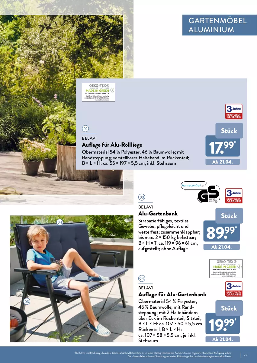 Aktueller Prospekt Aldi Nord - Aldi-Garten - von 24.03 bis 30.06.2022 - strona 27 - produkty: Bank, Bau, baumwolle, ente, Garten, gartenbank, gartenmöbel, gin, Liege, möbel, Ria, Ti, wolle, ZTE