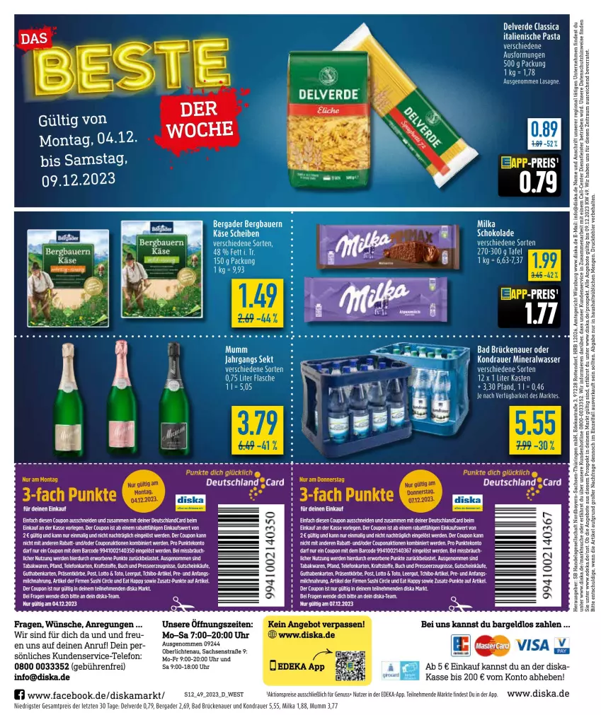 Aktueller Prospekt Diska - Prospekte - von 11.12 bis 16.12.2023 - strona 12 - produkty: aktionspreis, Alwa, angebot, angebote, Astra, auer, Bad, Bau, Bauer, bergader, buch, coupon, deka, eis, ente, erde, flasche, guthabenkarte, gutschein, Käse, kraft, lasagne, LG, mars, milka, mineralwasser, mumm, nuss, reis, ring, ritter, sac, sekt, Tchibo, tee, telefon, Ti, uhr, wasser, ZTE