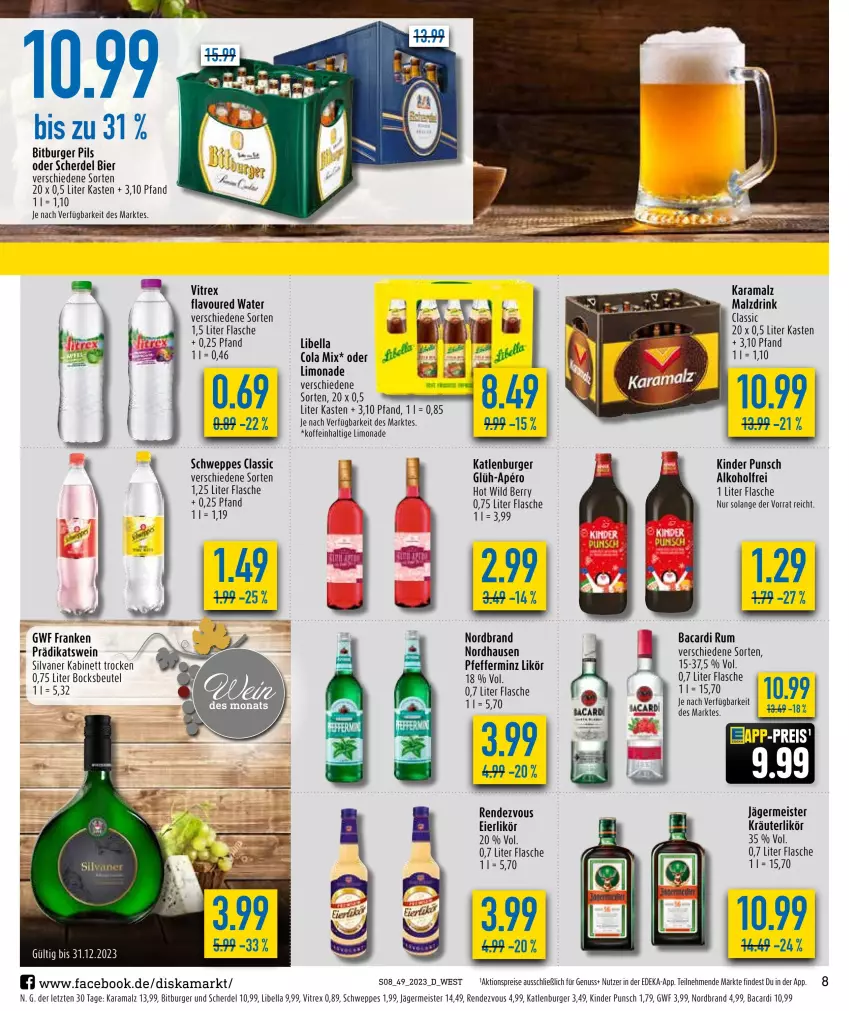 Aktueller Prospekt Diska - Prospekte - von 11.12 bis 16.12.2023 - strona 8 - produkty: aktionspreis, alkohol, bacardi, bacardi rum, beutel, bier, bitburger, bitburger pils, burger, cola, deka, drink, eier, eierlikör, eis, erde, flasche, Germ, jägermeister, kabinett, karamalz, katlenburger, Kinder, kräuter, kräuterlikör, likör, limo, limonade, malz, Meister, nordbrand, nuss, pfeffer, pils, rama, reis, rum, schweppes, silvaner, Ti, vitrex, wein, Wild, wild berry, ZTE