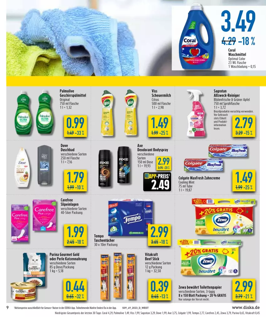 Aktueller Prospekt Diska - Prospekte - von 11.12 bis 16.12.2023 - strona 9 - produkty: aktionspreis, apfel, axe, Bad, beef, bio, biozidprodukte, Blüte, body, bodyspray, carefree, citrus, colgate, Coral, creme, deka, deo, deodorant, dove, duschbad, eis, flasche, geschirr, geschirrspülmittel, gin, gourmet gold, Heu, katzennahrung, kraft, LG, milch, mint, nuss, olive, palmolive, papier, purina, Rauch, reiniger, reis, rwe, sagrotan, scheuermilch, slip, slipeinlagen, sprühflasche, spülmittel, Tasche, taschen, taschentücher, Tempo, Ti, toilettenpapier, tücher, vita, vitakraft, waschmittel, weck, zahncreme, zewa, ZTE