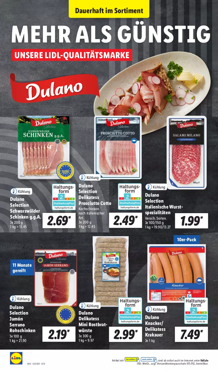 Aktueller Prospekt Lidl - Aktionsprospekt - von 25.12 bis 30.12.2023 - strona 12 - produkty: auer, dulano, jamón serrano, knacker, kochschinken, krakauer, ndk, prosciutto, prosciutto cotto, rohschinken, Schal, Schale, schinken, schwarzwälder schinken, serrano, Spezi, Ti, wurst