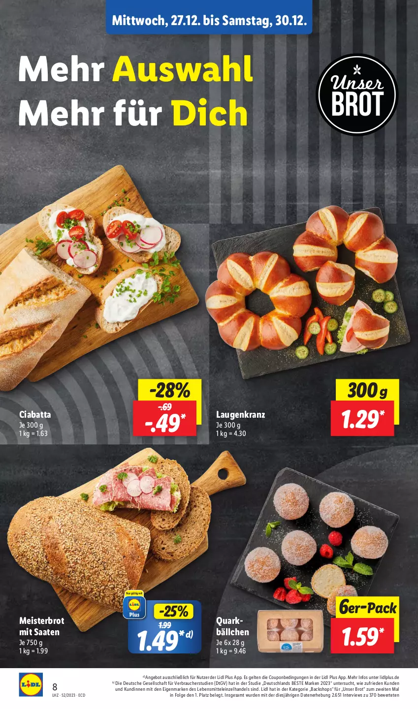 Aktueller Prospekt Lidl - Aktionsprospekt - von 25.12 bis 30.12.2023 - strona 8 - produkty: angebot, brot, ciabatta, coupon, eis, Kranz, lebensmittel, LG, Meister, quark, Rauch, Ti