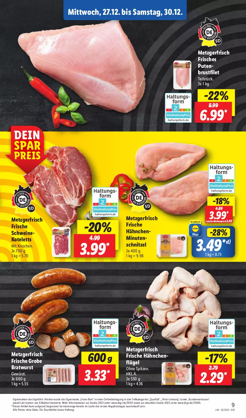 Aktueller Prospekt Lidl - Aktionsprospekt - von 25.12 bis 30.12.2023 - strona 9 - produkty: aktionspreis, angebot, bratwurst, brot, brustfilet, eis, elle, filet, Frische Hähnchen, gewürz, grobe bratwurst, hähnchenflügel, kotelett, minutenschnitzel, pute, putenbrust, putenbrustfilet, reis, schnitzel, schwein, schweine, schweinekotelett, Ti, wein, weine, wurst, ZTE