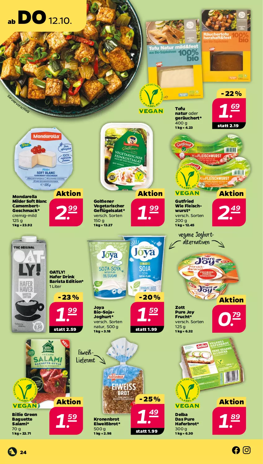 Aktueller Prospekt Netto - Woche 41 - von 09.10 bis 14.10.2023 - strona 28 - produkty: baguette, bio, brot, camembert, drink, eis, Eiweißbrot, fleisch, fleischwurst, frucht, Geflügel, geflügelsalat, gutfried, hafer, joghur, joghurt, krone, mac, natur, rel, salami, salat, soja, Sojajoghurt, Ti, Tofu, Vegeta, wurst, zott