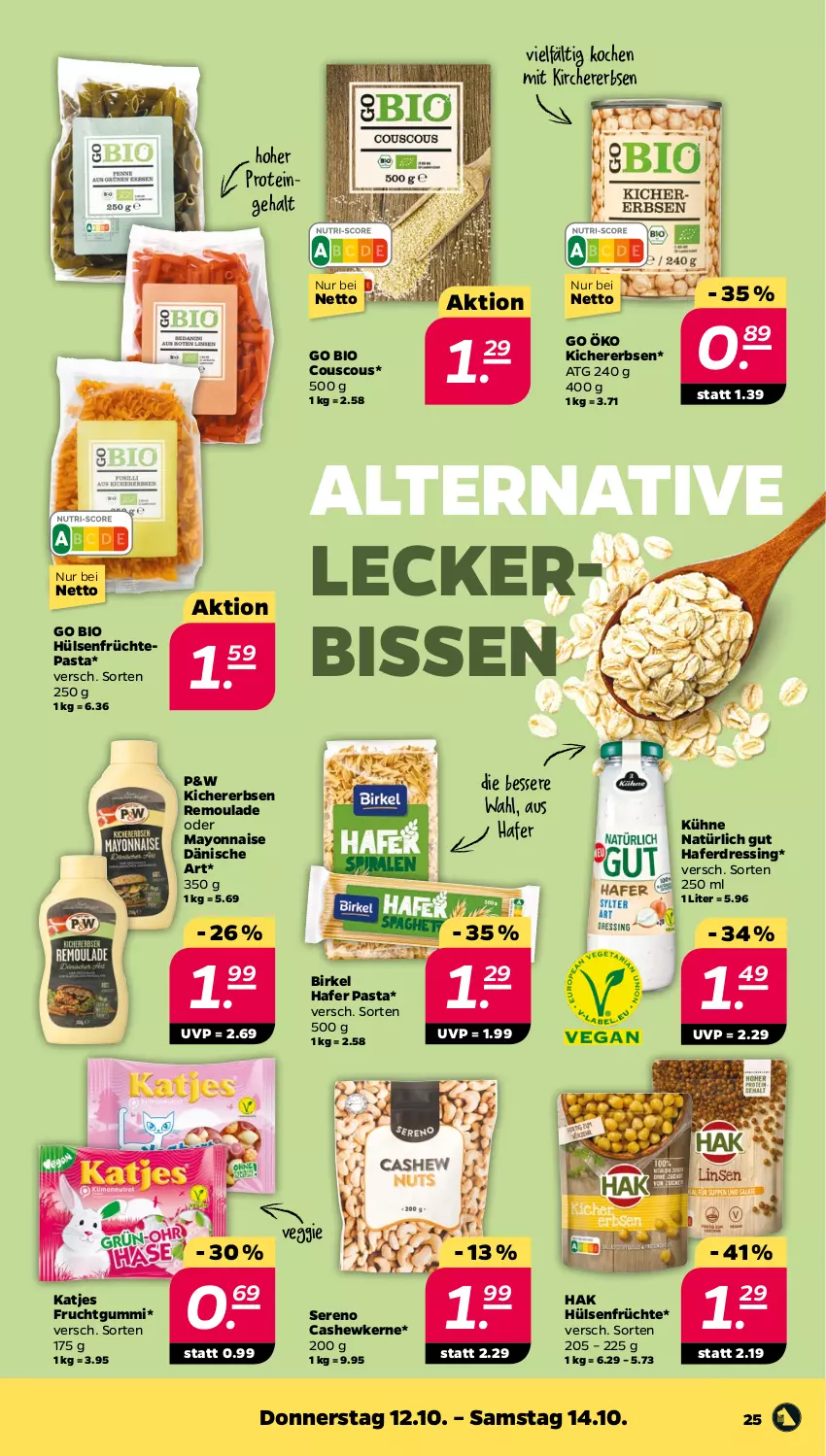 Aktueller Prospekt Netto - Woche 41 - von 09.10 bis 14.10.2023 - strona 29 - produkty: bio, birkel, Cashew, cashewkerne, couscous, dressing, erbsen, frucht, früchte, fruchtgummi, hafer, hülsenfrüchte, katjes, kichererbsen, Kühne, mayonnaise, pasta, remoulade, senf, Ti, veggie, Yo