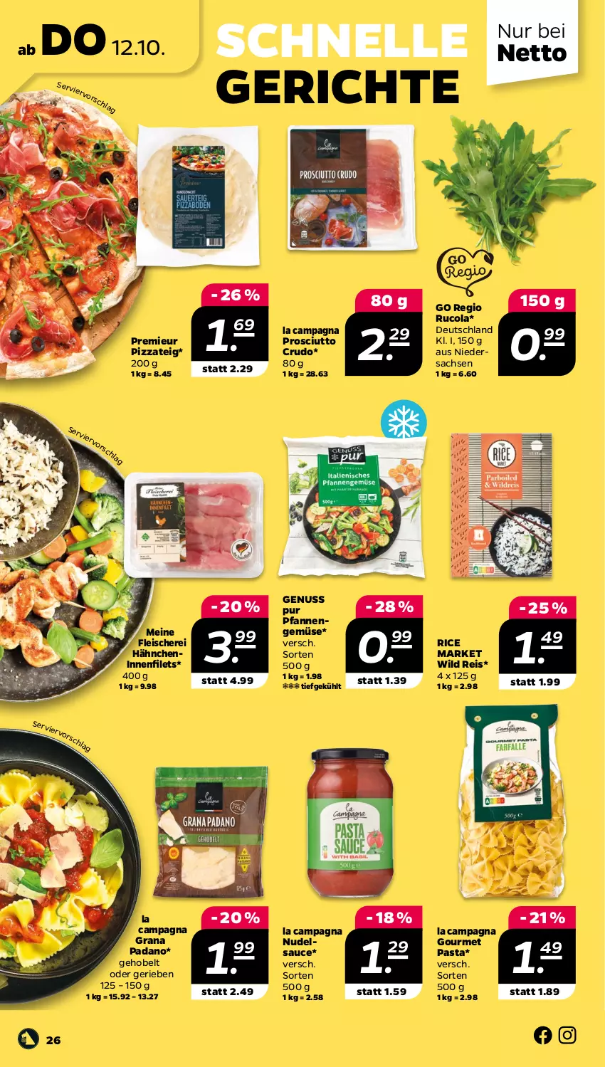 Aktueller Prospekt Netto - Woche 41 - von 09.10 bis 14.10.2023 - strona 30 - produkty: cola, eis, elle, filet, filets, fleisch, Fleischerei, grana, grana padano, nudel, nuss, padano, pasta, pfanne, pfannen, pizza, Pizzateig, prosciutto, prosciutto crudo, Rana, reis, rucola, sac, sauce, Schere, Ti, Wild