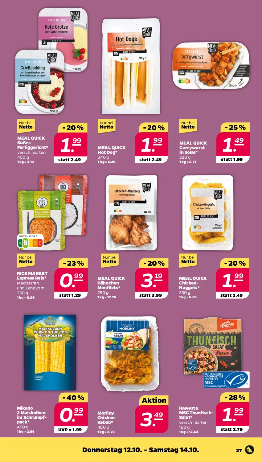 Aktueller Prospekt Netto - Woche 41 - von 09.10 bis 14.10.2023 - strona 31 - produkty: curry, currywurst, eis, fertiggericht, filet, filets, fisch, hawesta, hot dog, korn, mais, mikado, nuggets, reis, rum, salat, Soße, thunfisch, Thunfischsalat, Ti, wurst