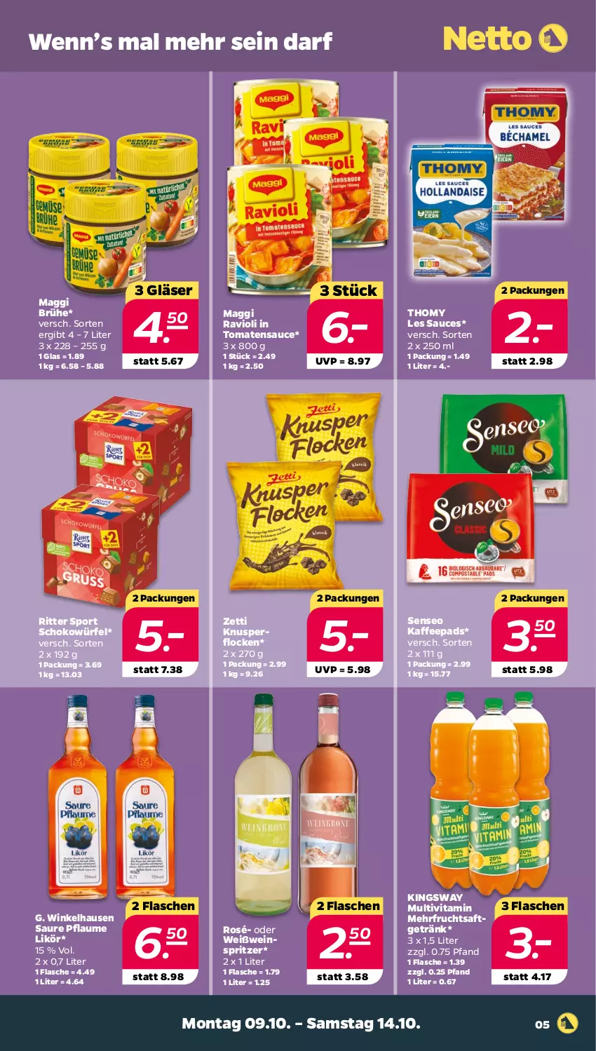 Aktueller Prospekt Netto - Woche 41 - von 09.10 bis 14.10.2023 - strona 9 - produkty: Brühe, flasche, frucht, fruchtsaft, fruchtsaftgetränk, getränk, Gläser, gsw, kaffee, kaffeepads, Knusperflocken, likör, maggi, pflaume, ravioli, ritter, ritter sport, saft, sauce, schoko, schokowürfel, senseo, Sport, thomy, thomy les sauces, Ti, tomate, tomaten, tomatensauce, vita, wein, Weißwein, winkelhausen, würfel