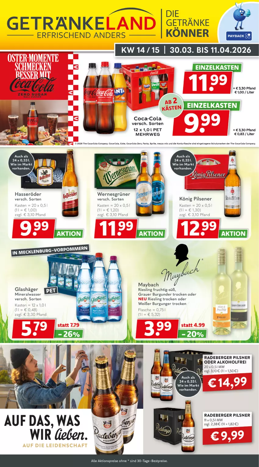 Aktueller Prospekt Getraenkeland - von 29.03 bis 10.04.2026 - strona 1 - produkty: aktionspreis, alkohol, Alwa, auer, Berger, bestpreis, bestpreise, bett, Betten, burgunder, coca-cola, cola, eis, fanta, flasche, frucht, getränk, getränke, grauer burgunder, hasseröder, könig pilsener, maybach, Mezzo Mix, mineralwasser, pils, pilsener, pilsner, radeberger, radeberger pilsner, reis, riesling, rwe, sprite, Ti, wasser, zucker