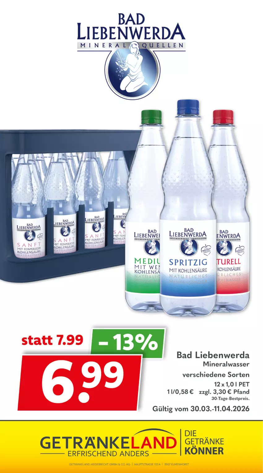 Aktueller Prospekt Getraenkeland - von 29.03 bis 10.04.2026 - strona 13 - produkty: Alwa, Bad, Bad Liebenwerda, bestpreis, eis, Elan, getränk, getränke, LG, mineralwasser, reis, rel, Ti, wasser