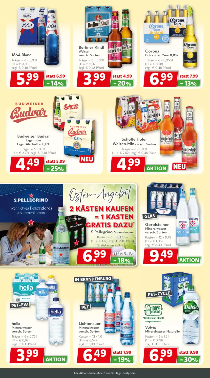 Aktueller Prospekt Getraenkeland - von 29.03 bis 10.04.2026 - strona 4 - produkty: aktionspreis, alkohol, Alwa, auer, bestpreis, bestpreise, budweiser, corona, corona extra, decke, Deckel, eis, elle, gerolsteine, gerolsteiner, grapefruit, hella, lichtenauer, mineralwasser, natur, reis, rel, schöfferhofer, steiner, Ti, volvic, wasser