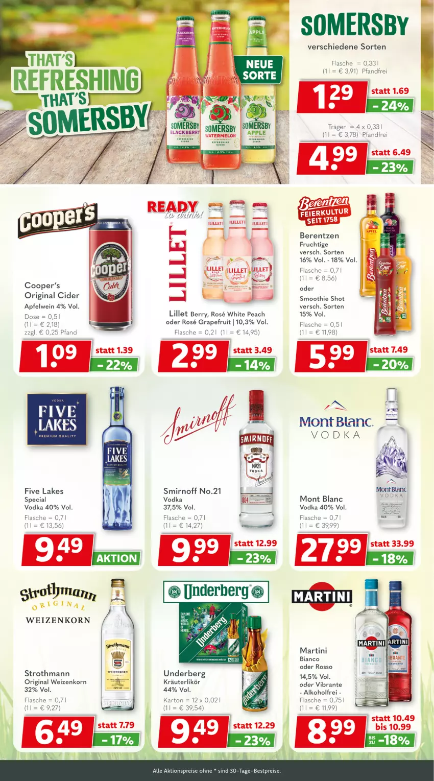 Aktueller Prospekt Getraenkeland - von 29.03 bis 10.04.2026 - strona 8 - produkty: aktionspreis, alkohol, berentzen, bestpreis, bestpreise, cider, eis, flasche, frucht, gin, grapefruit, korn, kräuter, kräuterlikör, likör, lillet, martini, Montblanc, reis, rel, smirnoff, smoothie, somersby, tee, Ti, underberg, vodka, wein, weizenkorn