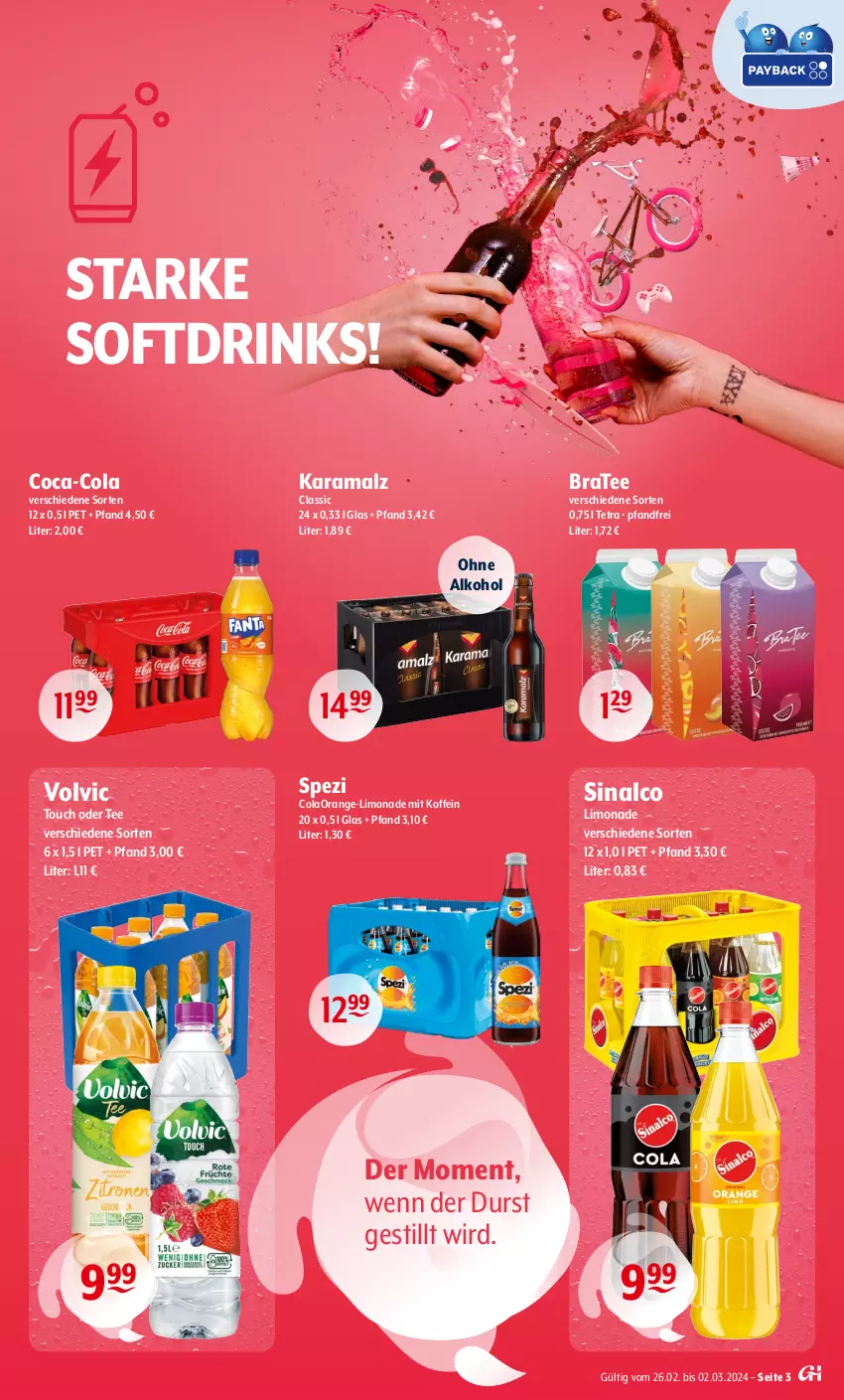 Aktueller Prospekt Getraenke Hoffmann - Prospekte - von 26.02 bis 02.03.2024 - strona 3 - produkty: alkohol, BraTee, coca-cola, cola, drink, drinks, karamalz, limo, limonade, malz, ohne alkohol, orange, rama, sinalco, Spezi, tee, Ti, volvic