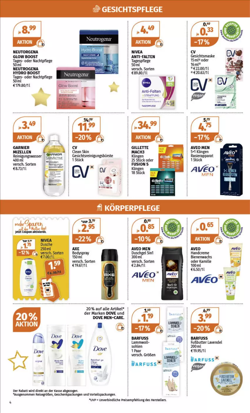 Aktueller Prospekt Mueller - Angebote entdecken & sparen! - von 19.12 bis 24.12.2022 - strona 4 - produkty: aveo, axe, body, bodyspray, bürste, creme, dove, duschgel, eis, elle, garnier, geschenkpackung, gesichtspflege, Gesichtsreinigungsbürste, gsw, handcreme, Kamill, kamille, lavendel, mizellen, Mizellen Reinigungswasser, nachtpflege, neutrogena, Reinigung, reinigungsbürste, reis, teller, Ti, wasser