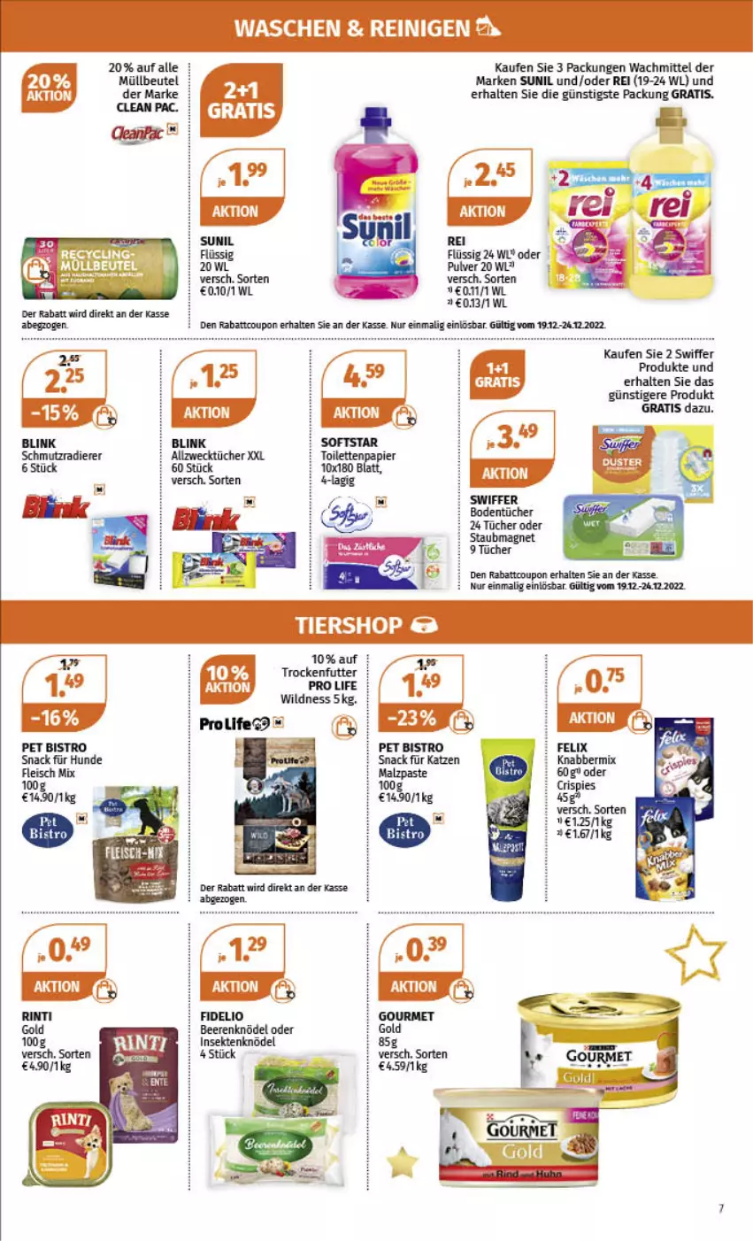 Aktueller Prospekt Mueller - Angebote entdecken & sparen! - von 19.12 bis 24.12.2022 - strona 7 - produkty: Allzwecktücher, beere, beeren, beutel, Bodentücher, coupon, felix, gourmet gold, Knödel, müllbeutel, papier, rinti, sekt, snack, staubmagnet, sunil, swiffer, Ti, toilettenpapier, trockenfutter, tücher, weck, Wild