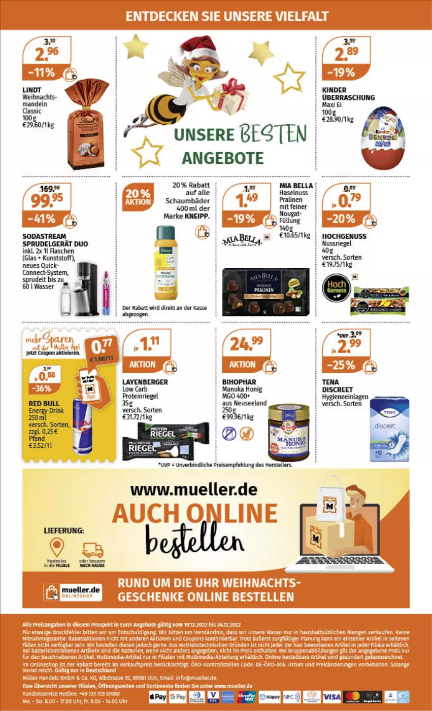 Aktueller Prospekt Mueller - Angebote entdecken & sparen! - von 19.12 bis 24.12.2022 - strona 8 - produkty: angebot, angebote, Berger, bihophar, coupon, Discreet, drink, eis, Elan, elle, energy drink, flasche, haselnuss, honig, Kinder, kneipp, LG, lindt, Manuka Honig, nuk, nuss, nussriegel, pralinen, red bull, reis, riegel, Soda, sodastream, Sprudel, teller, Ti, wasser