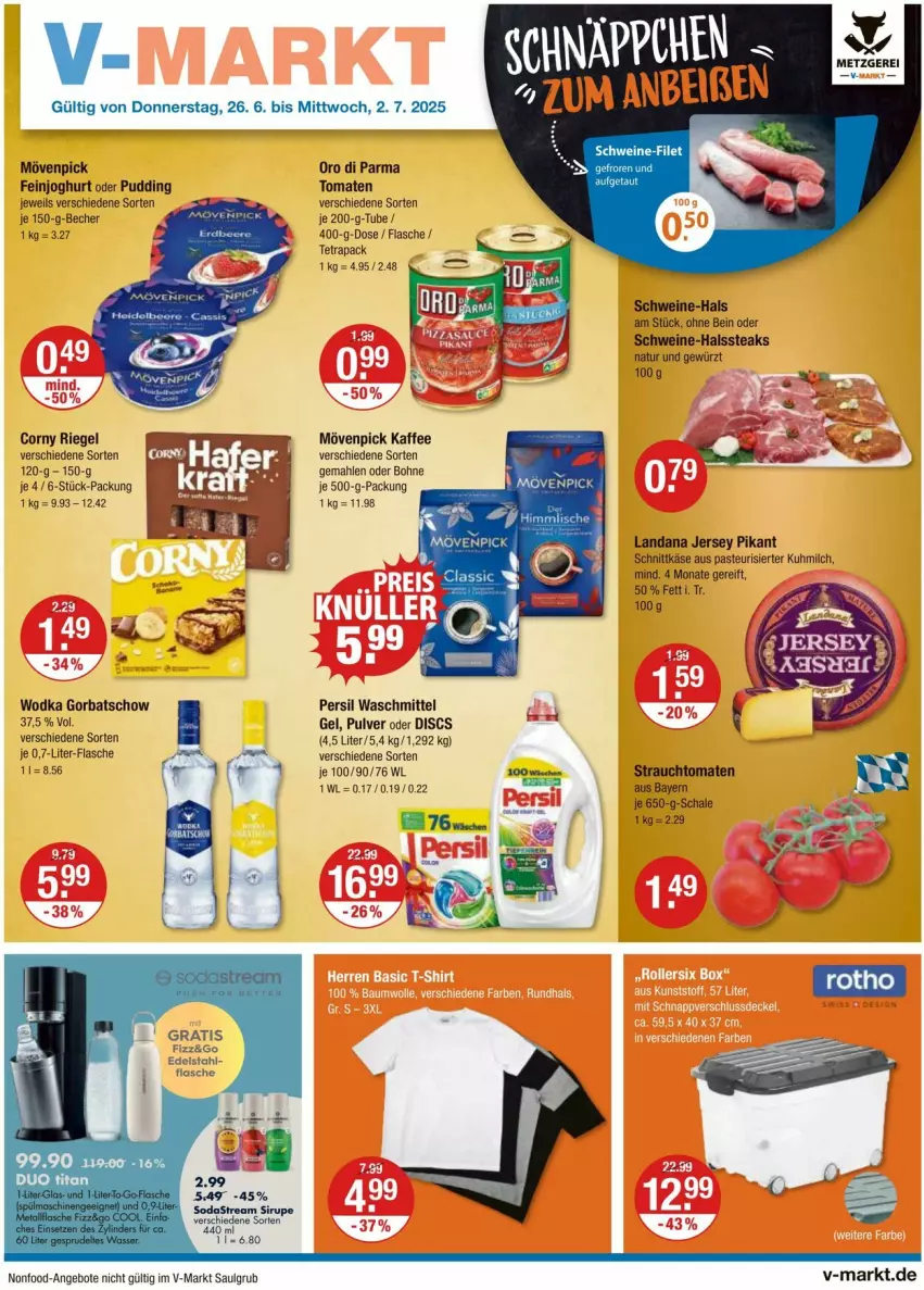 Aktueller Prospekt Vmarkt - Prospekte - von 26.06 bis 02.07.2025 - strona 1 - produkty: angebot, angebote, Becher, bohne, corny, edelstahl, feinjoghurt, filet, flasche, gewürz, Gorbatschow, joghur, joghurt, kaffee, Käse, LG, milch, mövenpick, mövenpick kaffee, natur, oro di parma, persil, persil waschmittel, pudding, Rauch, riegel, Schal, Schale, schnittkäse, schwein, schweine, schweine-filet, sirup, Soda, sodastream, steak, steaks, strauchtomaten, Ti, tomate, tomaten, waschmittel, wein, weine, wodka