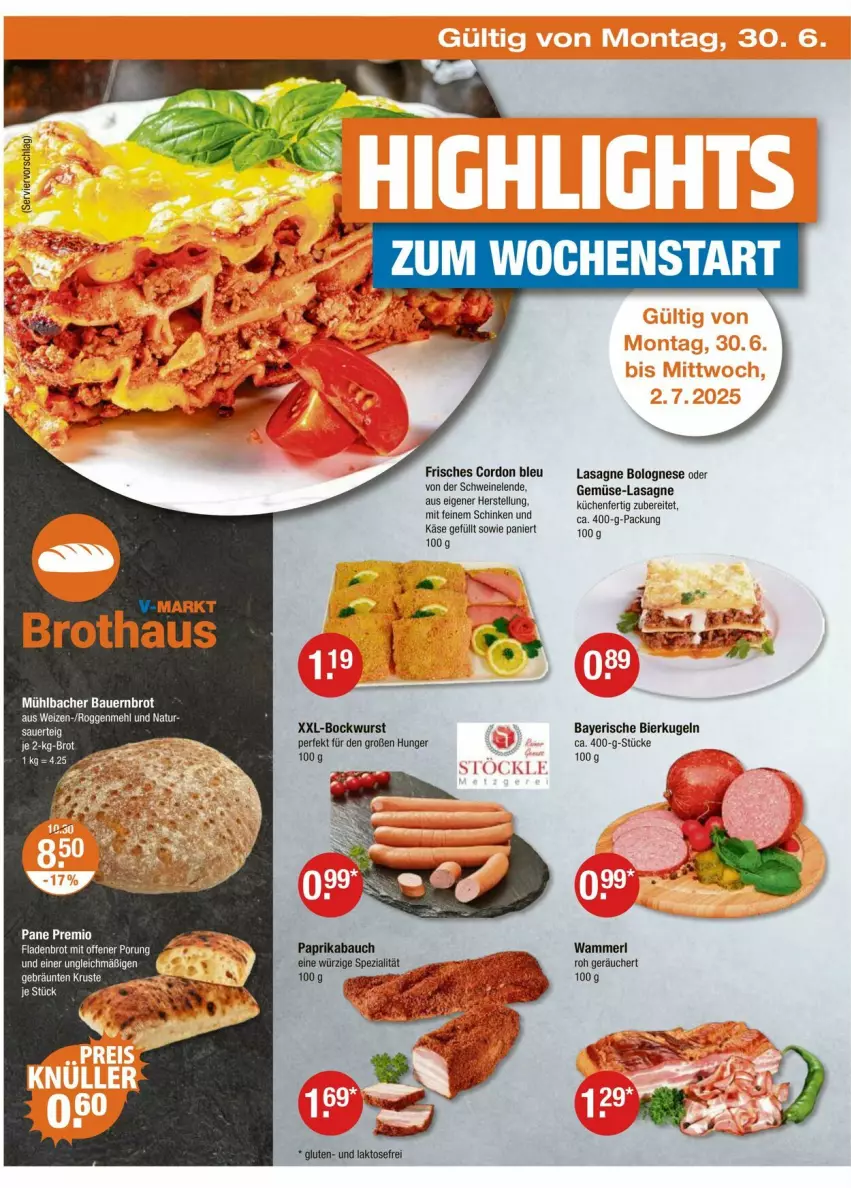 Aktueller Prospekt Vmarkt - Prospekte - von 26.06 bis 02.07.2025 - strona 22 - produkty: auer, Bau, Bauer, bier, bockwurst, bolognese, brot, cordon bleu, Käse, küche, Küchen, Kugel, lasagne, LG, mehl, merl, natur, paprika, schinken, schwein, schweine, Spezi, Ti, wein, weine, wurst