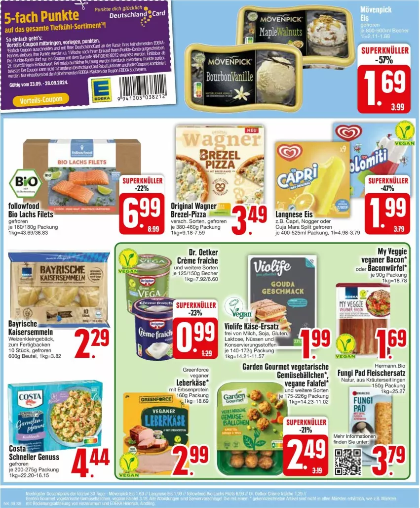 Aktueller Prospekt Edeka - Prospekte - von 23.09 bis 28.09.2024 - strona 10 - produkty: bacon, Becher, beutel, bio, bourbon, bourbonvanille, brezel, Cap, creme, Dr. Oetker, eis, elle, erbsen, Falafel, fleisch, garden gourmet, gouda, Kaiser, Kaisersemmel, Käse, kräuter, Kräuterseitlinge, langnese, langnese eis, leberkäs, leberkäse, milch, mövenpick, natur, nogger, nuss, pizza, Semmel, soja, Ti, vanille, Vegeta, veggie, würfel