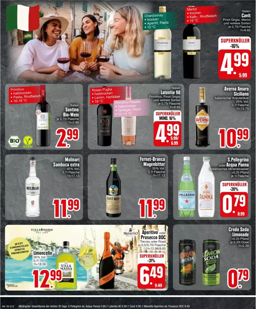 Aktueller Prospekt Edeka - Prospekte - von 23.09 bis 28.09.2024 - strona 14 - produkty: aeg, Alwa, amaro, averna, eis, elle, flasche, fleisch, kräuter, kräuterlikör, likör, merl, merlot, mineralwasser, mionetto, Molinari, pasta, Pinot, pinot grigio, primitivo, reis, rind, rindfleisch, sambuca, Soda, Ti, wasser, ZTE