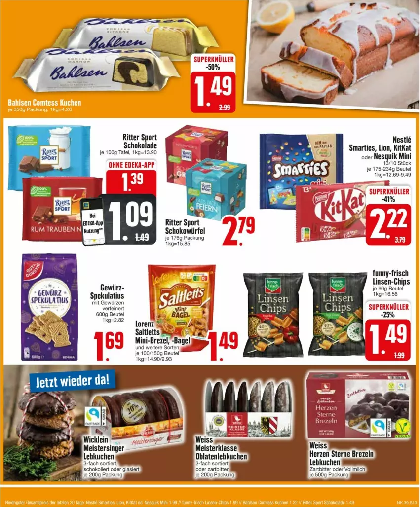 Aktueller Prospekt Edeka - Prospekte - von 23.09 bis 28.09.2024 - strona 15 - produkty: Bagel, beutel, brezel, Brezeln, chips, funny-frisch, gewürz, kitkat, linsen, lion, nesquik, ritter, ritter sport, schoko, schokolade, schokowürfel, smarties, Sport, Ti, würfel