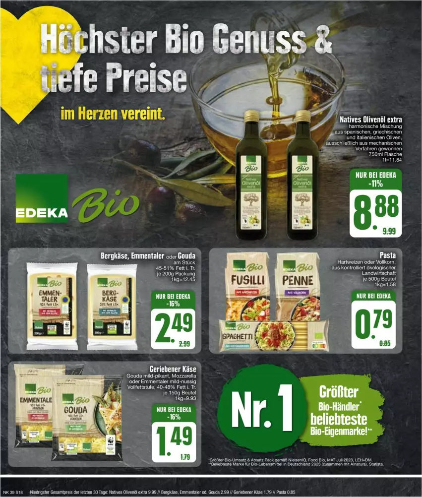 Aktueller Prospekt Edeka - Prospekte - von 23.09 bis 28.09.2024 - strona 20 - produkty: Bergkäse, bio, deka, eis, elle, emmentaler, flasche, gouda, hartweizen, Käse, korn, natives olivenöl, nuss, olive, oliven, olivenöl, olivenöl extra, pasta, reis, rel, tee, Ti, trolli, ZTE