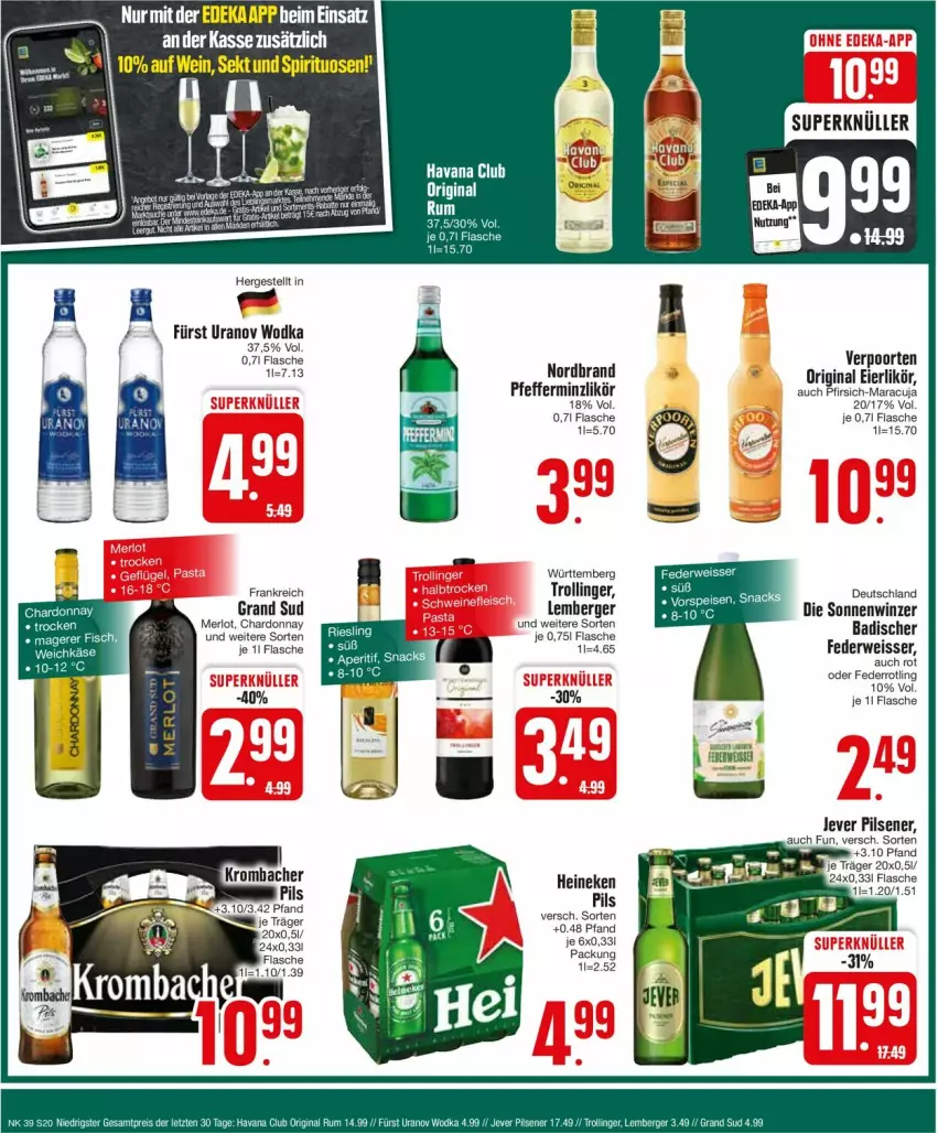 Aktueller Prospekt Edeka - Prospekte - von 23.09 bis 28.09.2024 - strona 22 - produkty: Bad, Berger, chardonnay, deka, eier, eierlikör, eis, flasche, gin, grand sud, heineken, jever, jever pilsener, likör, maracuja, merl, merlot, nordbrand, pfeffer, pfefferminzlikör, pfirsich, pils, pilsener, rwe, Ti, trolli, trollinger, verpoorten, wodka