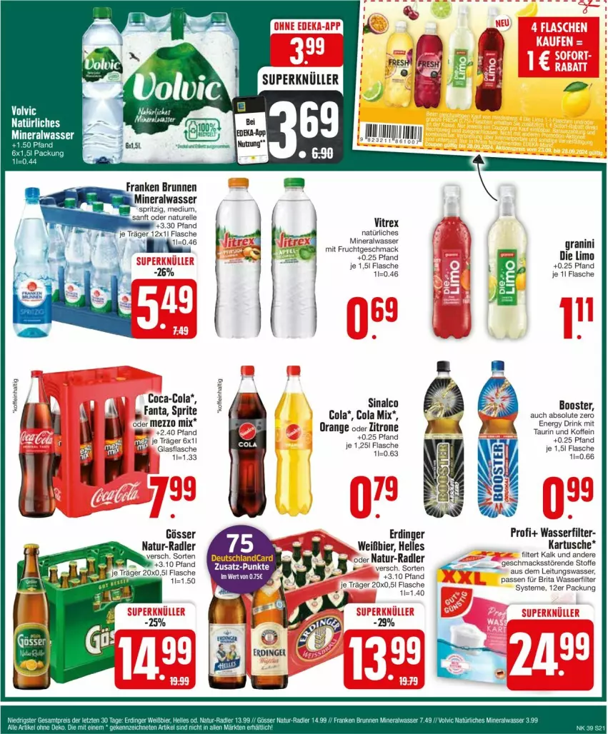 Aktueller Prospekt Edeka - Prospekte - von 23.09 bis 28.09.2024 - strona 23 - produkty: Alwa, bier, brita, brunnen, coca-cola, cola, deutschlandcard, drink, elle, energy drink, erdinger, fanta, flasche, franken brunnen, frucht, glasflasche, gösser, granini, granini die limo, gsw, limo, mac, Mezzo Mix, mineralwasser, mit frucht, natur, natürliches mineralwasser, orange, radler, rel, sinalco, sprite, vitrex, wasser, wasserfilter, zitrone