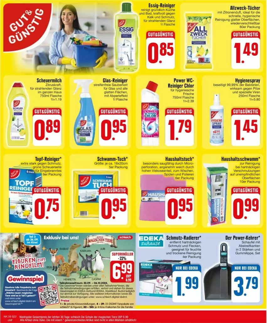 Aktueller Prospekt Edeka - Prospekte - von 23.09 bis 28.09.2024 - strona 24 - produkty: Bad, deka, elle, essig, flasche, gewinnspiel, Heu, kraft, latte, LG, milch, pilze, reifen, reiniger, Reinigung, scheuermilch, Schleich, schwamm, Spezi, Spülen, Ti, topf, tuc, tücher, weck, zitrone, zitronen