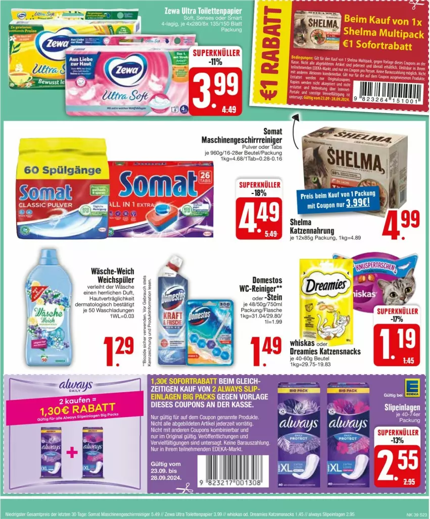 Aktueller Prospekt Edeka - Prospekte - von 23.09 bis 28.09.2024 - strona 25 - produkty: beutel, bio, domestos, dreamies, flasche, geschirr, katzennahrung, katzensnack, katzensnacks, kraft, reiniger, snack, snacks, somat, Ti, weichspüler, whiskas