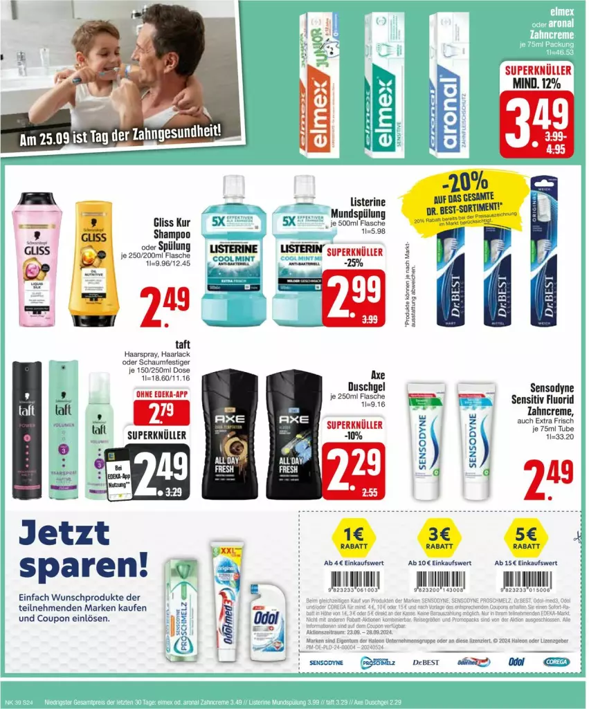 Aktueller Prospekt Edeka - Prospekte - von 23.09 bis 28.09.2024 - strona 26 - produkty: arla, coupon, creme, deka, flasche, gliss, Haarlack, haarspray, HP, lack, listerine, oder schaumfestiger, schaumfestiger, sensodyne, shampoo, spülung, Taft, tee, Ti, zahncreme