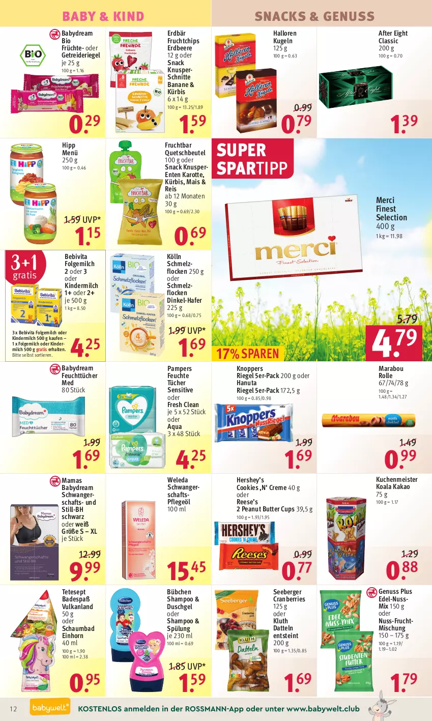 Aktueller Prospekt Rossmann - Prospekte - von 04.04 bis 08.04.2022 - strona 12 - produkty: after eight, aqua, babydream, Bad, banane, bebivita, beere, Berger, beutel, bio, bübchen, butter, chips, cookie, cookies, cranberries, creme, Datteln, duschgel, eis, ente, Erdbär, erdbeere, feuchte tücher, feuchttücher, folgemilch, frucht, früchte, Getreideriegel, hafer, hanuta, hipp, kakao, Kinder, kindermilch, knoppers, kölln, kuchen, kuchenmeister, Kugel, Kürbis, LG, mais, mam, Marabou, Meister, merci, milch, nuss, Nussmix, pampers, peanut butter, Pflegeöl, quetschbeutel, reis, riegel, schaumbad, seeberger, shampoo, snack, snacks, spartipp, spülung, Ti, Tiere, tücher, vita, weleda