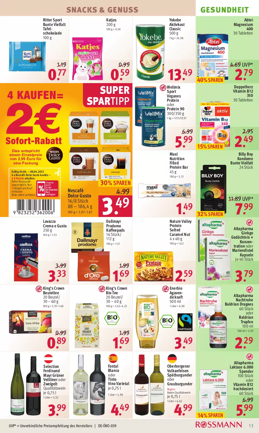 Aktueller Prospekt Rossmann - Prospekte - von 04.04 bis 08.04.2022 - strona 13 - produkty: Abtei, agaven, Altapharma, Bad, beutel, Billy Boy, bio, burgunder, caramel, coupon, dallmayr, dallmayr prodomo, dicksaft, dolce gusto, doppelherz, eis, elle, Gesundheit, gin, grauburgunder, grüner veltliner, kaffee, kaffeepads, katjes, Kondome, lavazza, magnesium, magnesium 400, natur, Nescafé, nuss, prodomo, qualitätswein, reis, Ria, ritter, ritter sport, saft, salomon, schoko, schokolade, snack, snacks, spartipp, spätburgunder, Sport, tablet, tablett, Tablette, tafelschokolade, tee, teller, Ti, Tiere, vita, Vitamin B, wein, Yo, Yokebe, Zweigelt