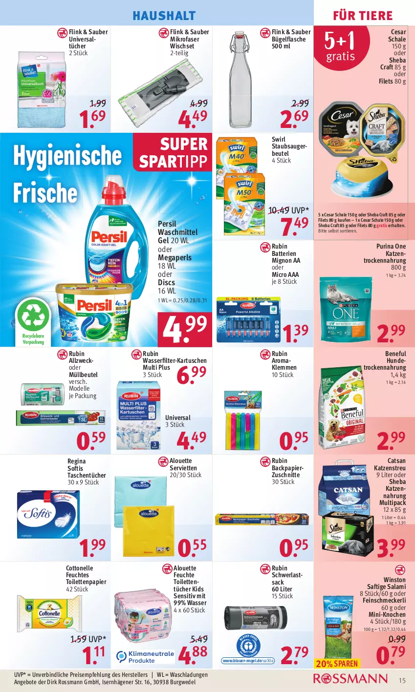 Aktueller Prospekt Rossmann - Prospekte - von 04.04 bis 08.04.2022 - strona 15 - produkty: alouette, angebot, angebote, auer, batterie, batterien, beutel, bügel, bügelflasche, catsan, cottonelle, dell, eis, elle, Engel, feinschmecker, feuchtes toilettenpapier, filet, filets, flasche, gin, Hundetrockennahrung, katzennahrung, Katzenstreu, megaperls, mikrofaser, Mode, müllbeutel, papier, persil, persil waschmittel, purina, reis, Rubin, sac, saft, salami, Schal, Schale, Serviette, servietten, sheba, spartipp, staubsauger, staubsaugerbeutel, swirl, Tasche, taschen, taschentücher, teller, Ti, Tiere, toilettenpapier, toilettentücher, Trockennahrung, tücher, waschmittel, wasser, wasserfilter, weck, wedel