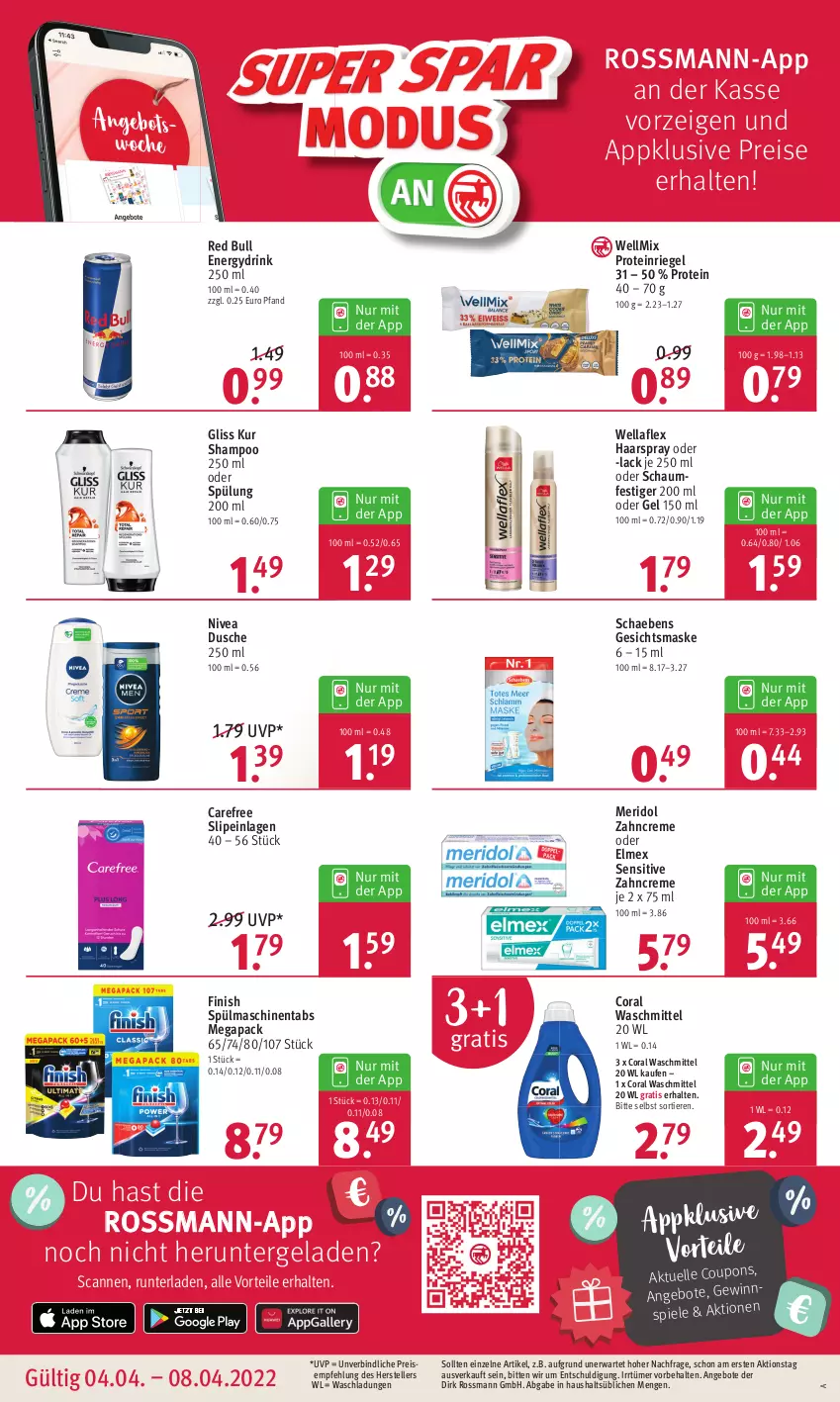 Aktueller Prospekt Rossmann - Prospekte - von 04.04 bis 08.04.2022 - strona 16 - produkty: angebot, angebote, carefree, Coral, coupon, creme, drink, dusche, eis, elle, elmex, Finish, Gesichtsmaske, gliss, gliss kur, haarspray, lack, Maske, meridol, nivea, oder schaumfestiger, red bull, reis, riegel, Schaebens, schaumfestiger, shampoo, shampoo 250 ml, slip, slipeinlagen, Spiele, spülmaschinen, spülmaschinentabs, spülung, spülung 200 ml, teller, Ti, Tiere, waschmittel, Wella, wellaflex, zahncreme