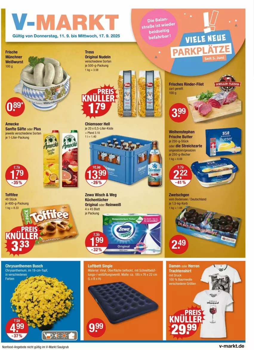 Aktueller Prospekt Vmarkt - Prospekte - von 11.09 bis 17.09.2025 - strona 1 - produkty: amecke, angebot, angebote, Becher, butter, chrysanthemen, filet, gin, korb, küche, Küchen, küchentücher, LG, nudel, nudeln, rind, rinder, säfte, salz, Streichzart, Ti, toffifee, tücher, weihenstephan, Weißwurst, wurst, zewa