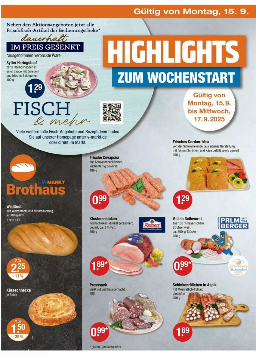 Aktueller Prospekt Vmarkt - Prospekte - von 11.09 bis 17.09.2025 - strona 26 - produkty: angebot, angebote, auer, cevapcici, eis, fisch, fleisch, frischfisch, gewürz, gurke, hackfleisch, hering, Herings, Heringshappen, Käse, Käseschnecke, kochschinken, küche, Küchen, mac, meerrettich, mehl, mit zwiebeln, natur, Omep, presssack, Rettich, rezept, ring, sac, salat, Salatgurke, sauce, schinken, schwein, schweine, Schweinehackfleisch, Sylter, tee, Ti, topf, wein, weine, weizenmehl, wurst, zwiebel, zwiebeln