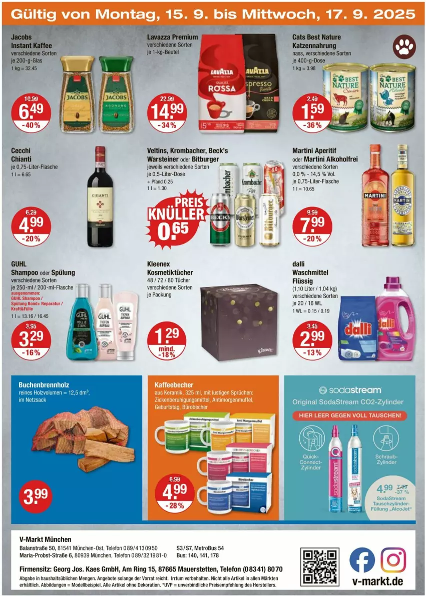 Aktueller Prospekt Vmarkt - Prospekte - von 11.09 bis 17.09.2025 - strona 28 - produkty: alkohol, alle artikel ohne dekoration, angebot, angebote, aperitif, auer, bitburger, Brennholz, buch, burger, dalli, dekoration, dell, eis, elle, flasche, gin, Guhl, Holz, kaes, katzennahrung, kosmetik, Kosmetiktücher, krombache, krombacher, martini, Metro, Mode, natur, obst, reis, Ria, ring, shampoo, shampoo oder spülung, Soda, sodastream, spülung, steiner, telefon, teller, Ti, tücher, veltins, warsteiner, waschmittel