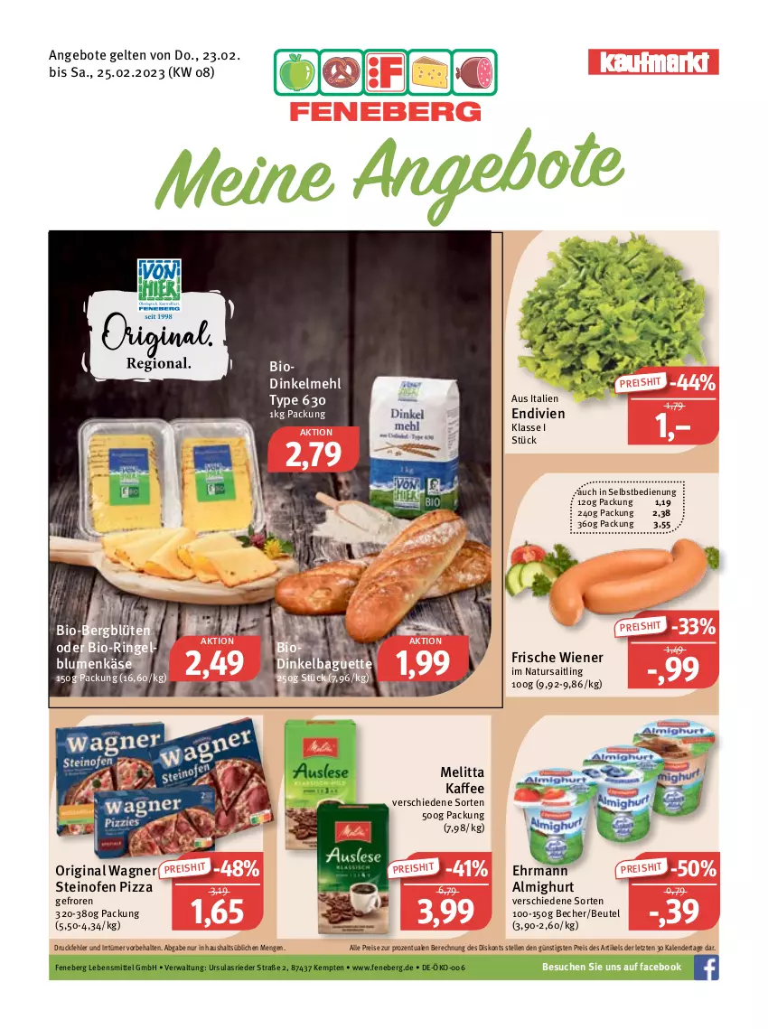 Aktueller Prospekt Feneberg - Prospekte - von 23.02 bis 25.02.2023 - strona 1 - produkty: almighur, almighurt, angebot, angebote, baguette, Becher, beutel, bio, blume, blumen, Blüte, dinkelmehl, ehrmann, ehrmann almighurt, eis, elle, gin, kaffee, Käse, lebensmittel, mehl, melitta, natur, Ofen, original wagner, pizza, reis, ring, steinofen, steinofen pizza, Ti, wagner, wiener, ZTE