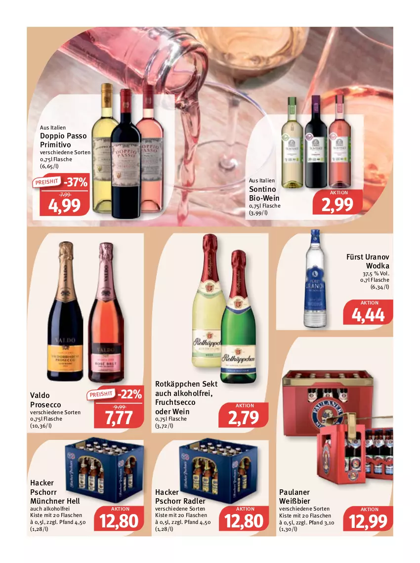 Aktueller Prospekt Feneberg - Prospekte - von 23.02 bis 25.02.2023 - strona 12 - produkty: alkohol, bier, bio, Bio-Wein, doppio passo, ecco, eis, flasche, frucht, fruchtsecco, hacker pschorr, passo, Paula, paulaner, primitivo, prosecco, radler, reis, rotkäppchen, sekt, Ti, valdo, wein, wodka