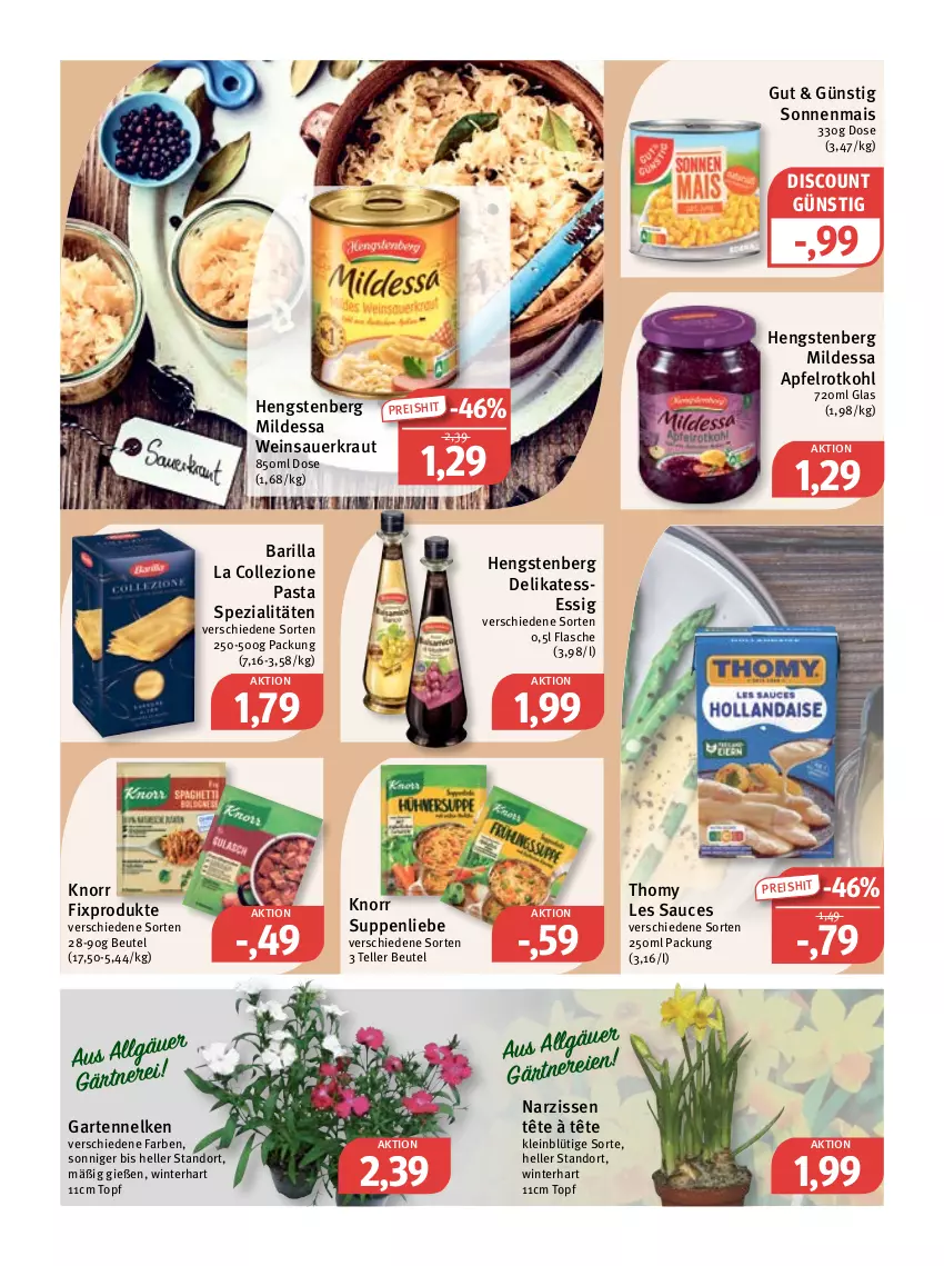 Aktueller Prospekt Feneberg - Prospekte - von 23.02 bis 25.02.2023 - strona 8 - produkty: apfel, auer, barilla, beutel, discount, eis, elle, essig, flasche, Garten, gartennelke, hengstenberg, knorr, knorr fix, Kraut, LG, mais, Narzissen, pasta, reis, rotkohl, sauce, Sauerkraut, Spezi, suppe, suppen, suppenliebe, teller, thomy, thomy les sauces, Ti, topf, wein, Weinsauerkraut