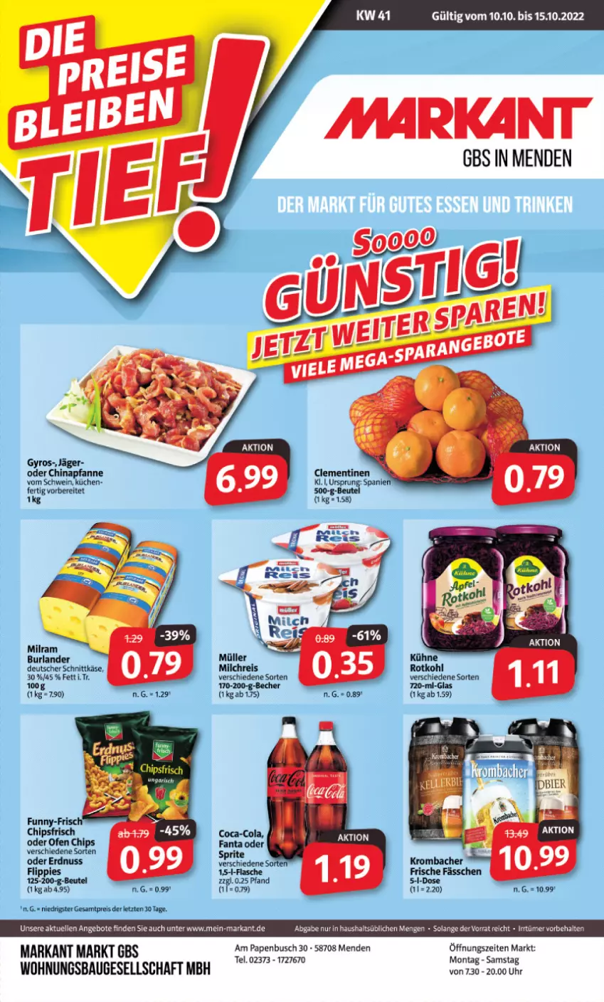 Aktueller Prospekt Markant - Prospekte - von 10.10 bis 15.10.2022 - strona 1 - produkty: angebot, angebote, Bau, Becher, burlander, chips, chipsfrisch, deutscher schnittkäse, eis, elle, erdnuss, flasche, funny-frisch, gyros, Käse, krombache, krombacher, küche, Küchen, milch, milchreis, milram, nuss, Ofen, pfanne, reis, schnittkäse, schwein, Ti, uhr, wein, ZTE