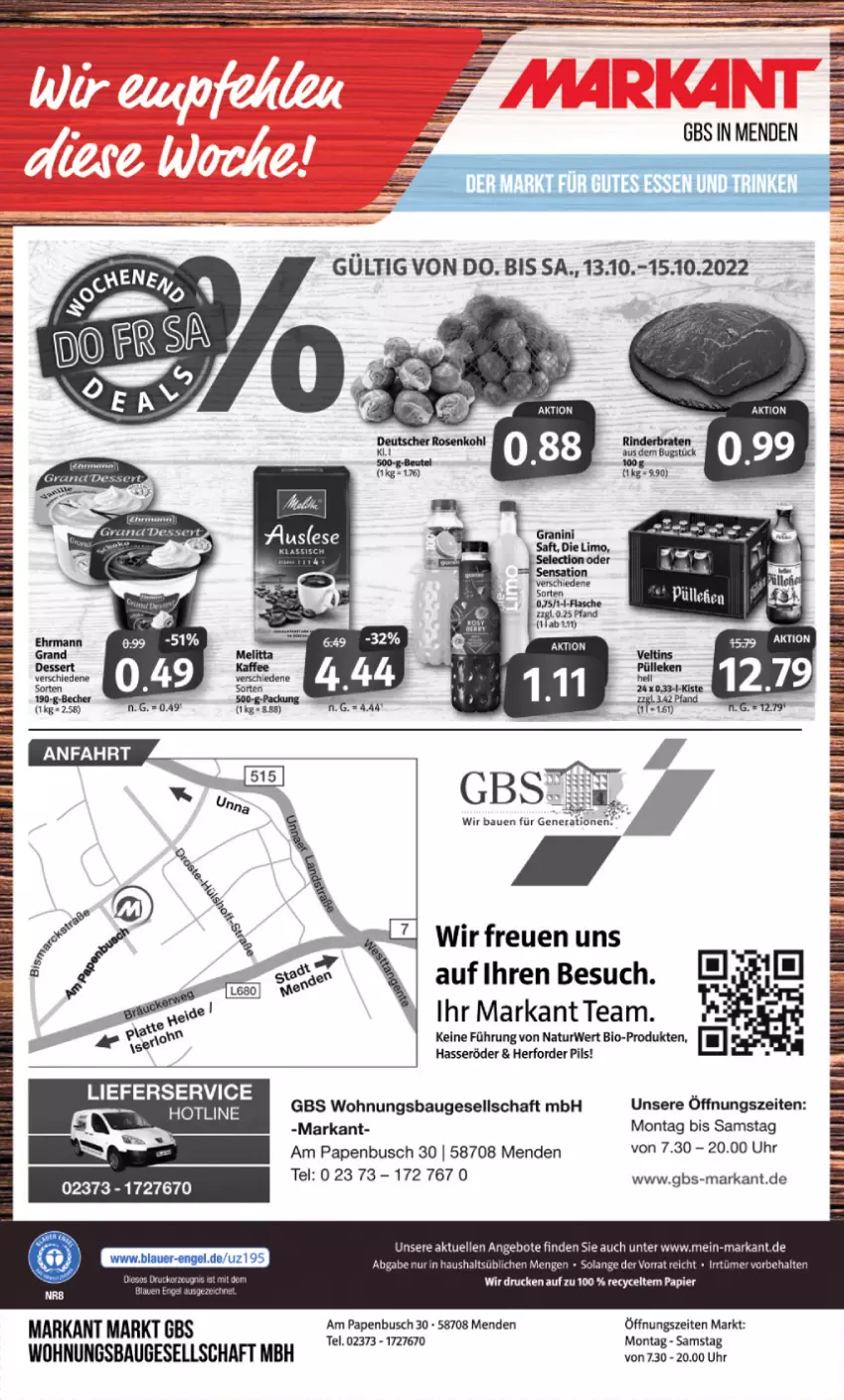 Aktueller Prospekt Markant - Prospekte - von 10.10 bis 15.10.2022 - strona 12 - produkty: angebot, angebote, Bau, Bebe, Becher, bio, brot, dessert, ehrmann, Ehrmann Grand Dessert, elle, ente, hasseröder, lieferservice, natur, pils, rwe, Ti, uhr