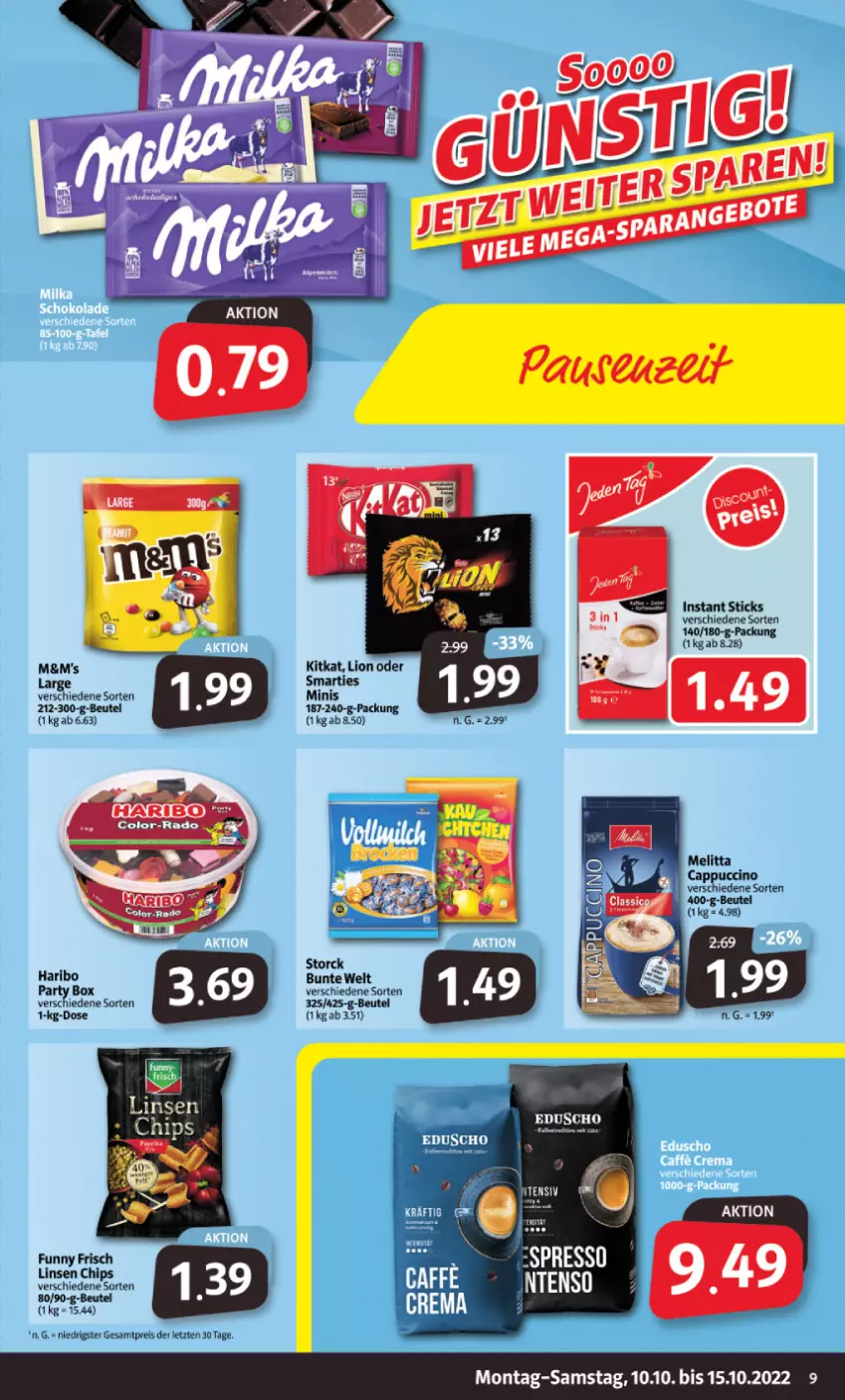 Aktueller Prospekt Markant - Prospekte - von 10.10 bis 15.10.2022 - strona 9 - produkty: beutel, caffe, Cap, cappuccino, chips, cin, eis, Elan, Funny Frisch, haribo, kitkat, linsen, lion, melitta, reis, smarties, storck, Ti, ZTE