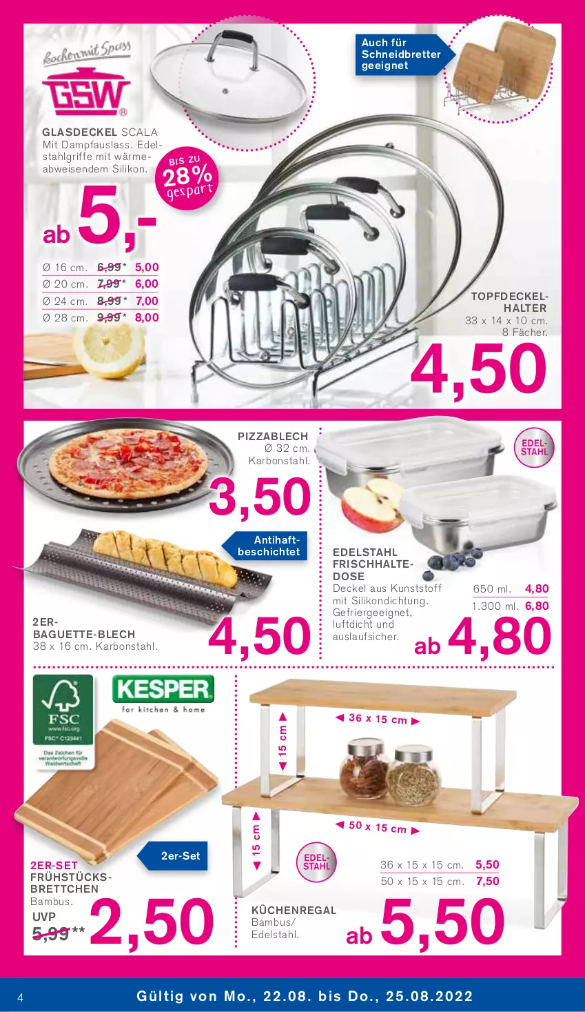 Aktueller Prospekt Kodi - Prospekte - von 20.08 bis 25.08.2022 - strona 4 - produkty: baguette, bambus, Brettchen, decke, Deckel, edelstahl, eis, Ergee, Glasdeckel, küche, Küchen, Küchenregal, LG, Pfau, pizza, regal, Ti, topf